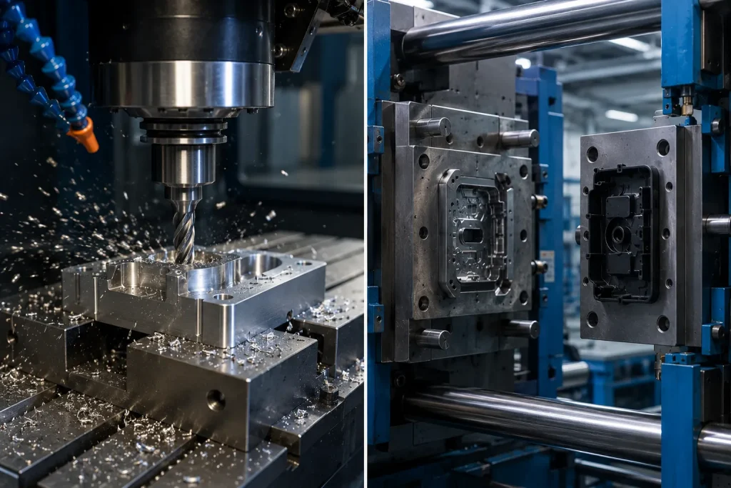 CNC machining versus injection molding side by side showing metal cutting and plastic part ejection from mold