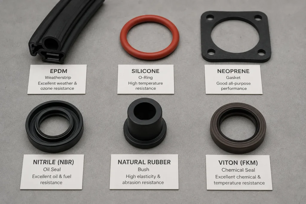 Custom rubber parts in six compounds including EPDM, silicone, neoprene, nitrile, natural rubber, and Viton for industrial sealing applications