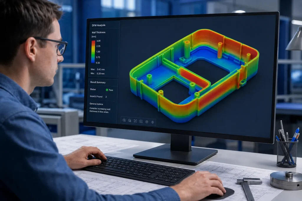 Engineer reviewing DFM analysis of injection molded plastic part showing wall thickness gradients on CAD model