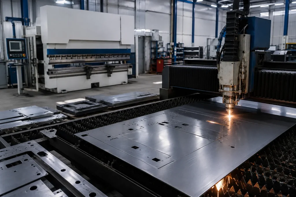 Sheet metal fabrication shop with laser cutter in operation and press brake machine for prototype and production parts