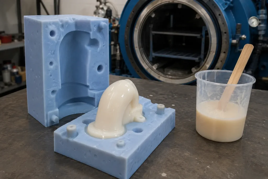 Cast urethane silicone mold open showing freshly poured polyurethane part in manufacturing workspace